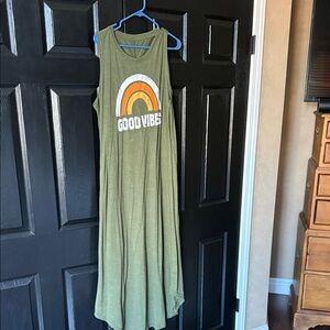 Olive Green Sleeveless Maxi Dress with Retro Rainbow "Good Vibes"